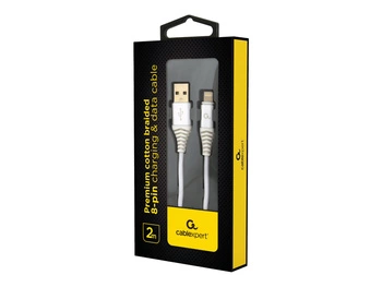 GEMBIRD CC-USB2B-AMLM-2M-BW2 Gembird Kabel Premium USB 2.0 do 8-pin (metalowe wtyki,oplot) 2m, srebrny/biały