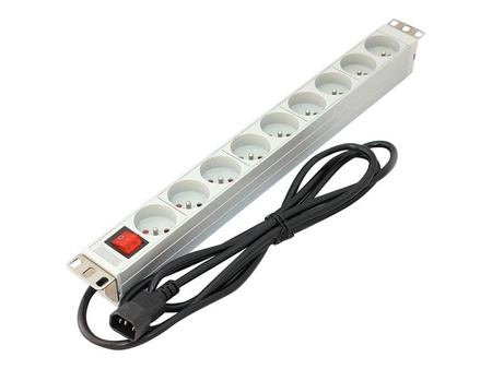 DIGITUS A-19-STRIP-4-IMP Listwa zasilająca PDU 19 9xTyp E, kabel 1.8m z 1xC14, wł./wyłącznik, Alu.