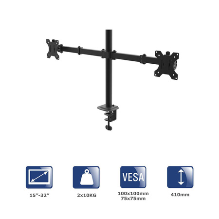 AKYGA AK-MB-02 Dual Monitor Arm Double Desk Mount 2x10kg VESA 75x75mm 100x100mm 15-32inch