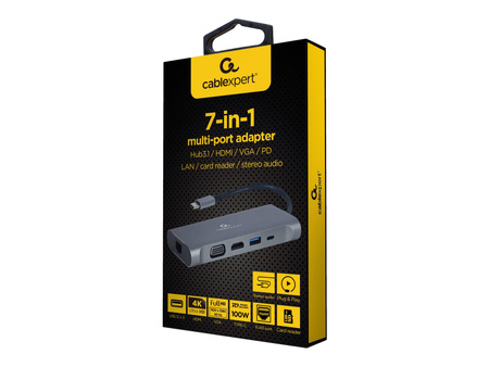 GEMBIRD A-CM-COMBO7-01 Multi Port Adapter USB Type C Hub3.0 HDMI VGA PD card reader stereo audio space grey