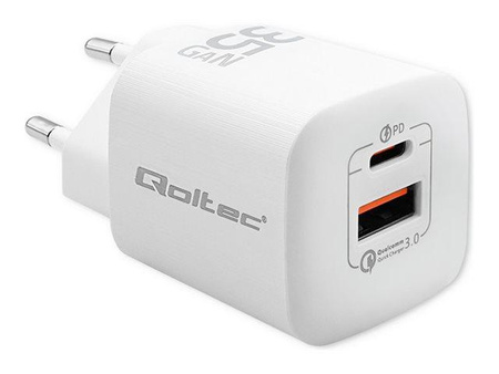 QOLTEC 50763 Ładowarka sieciowa 35W GaN ULTRA / 5-20V / 2.25 3A / 1 x USB typ C PD / 1 x USB / Biała