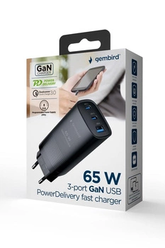 GEMBIRD SZYBKA ŁADOWARKA USB POWER DELIVERY USB TYPU C, 3X USB, 65 W, GAN CZARNA